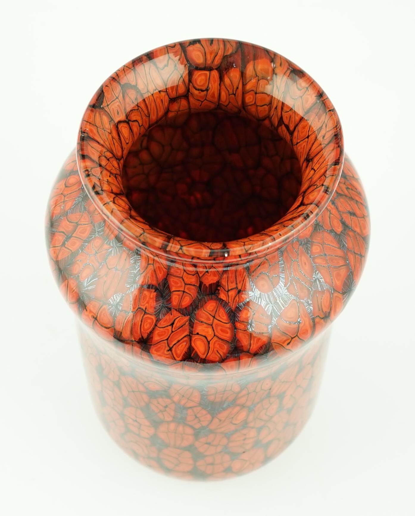 Vittorio Ferro (1932-2012), a Murano glass Murrine vase, in orange and black, signed, 26cm, Please note this lot attracts an additional import tax of 20% on the hammer price